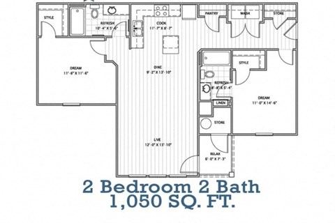 A floor plan of a 2 bedroom 2 bath house.